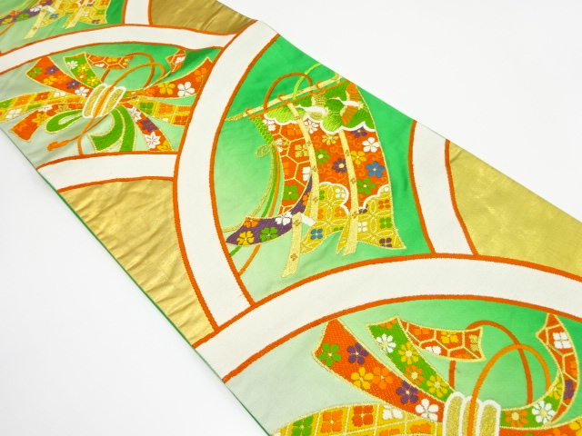 アンティーク　変わり青海波に几帳・束ね熨斗模様織り出し袋帯（材料）